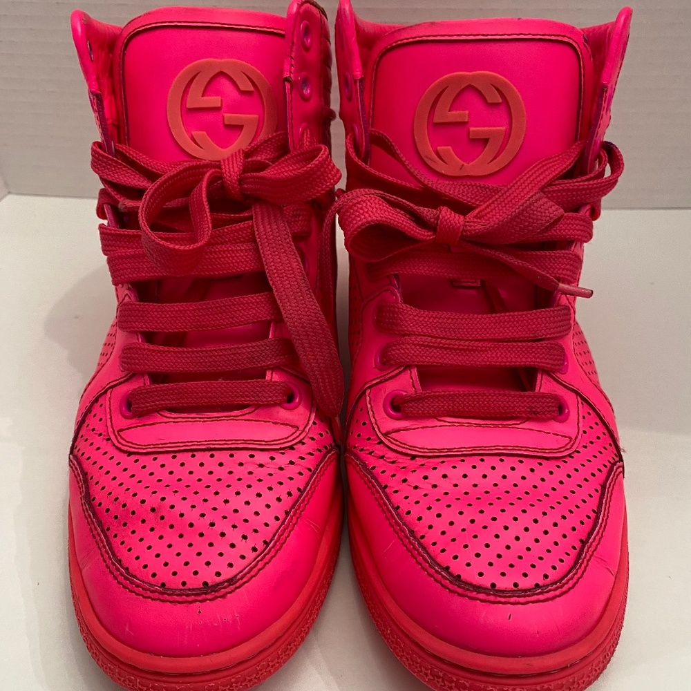 Gucci Men's Leather High Top Coda Hot Pink Sneakers GG on Tongue Size US 8 EU 38